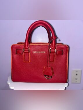 Michael Kors Crimson Saffiano Satchel with Orange Trim